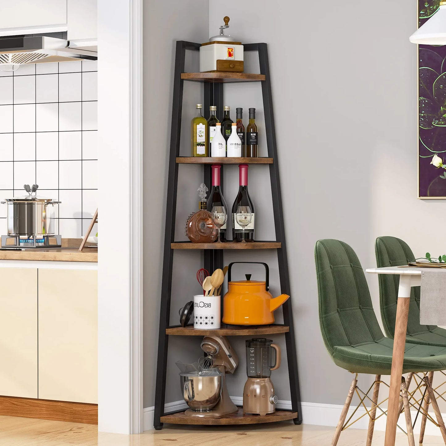 Tall, narrow wooden shelf with kitchen items in a modern kitchen setting