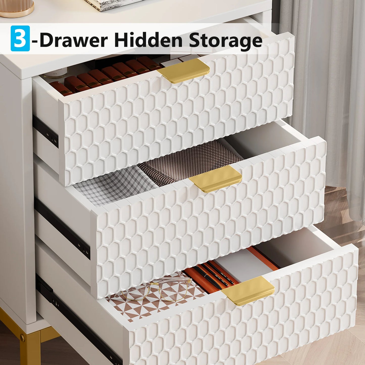 White textured dresser with three drawers labeled '3-Drawer Hidden Storage'.