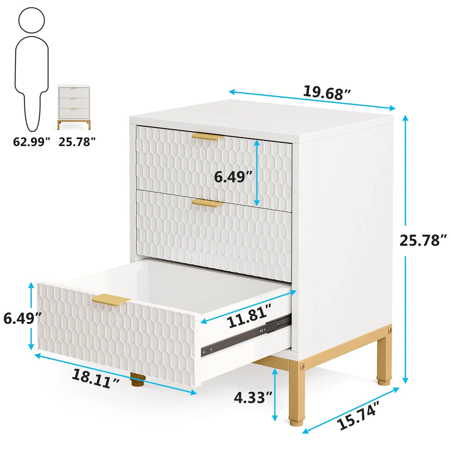 White nightstand with gold accents and dimensions labeled