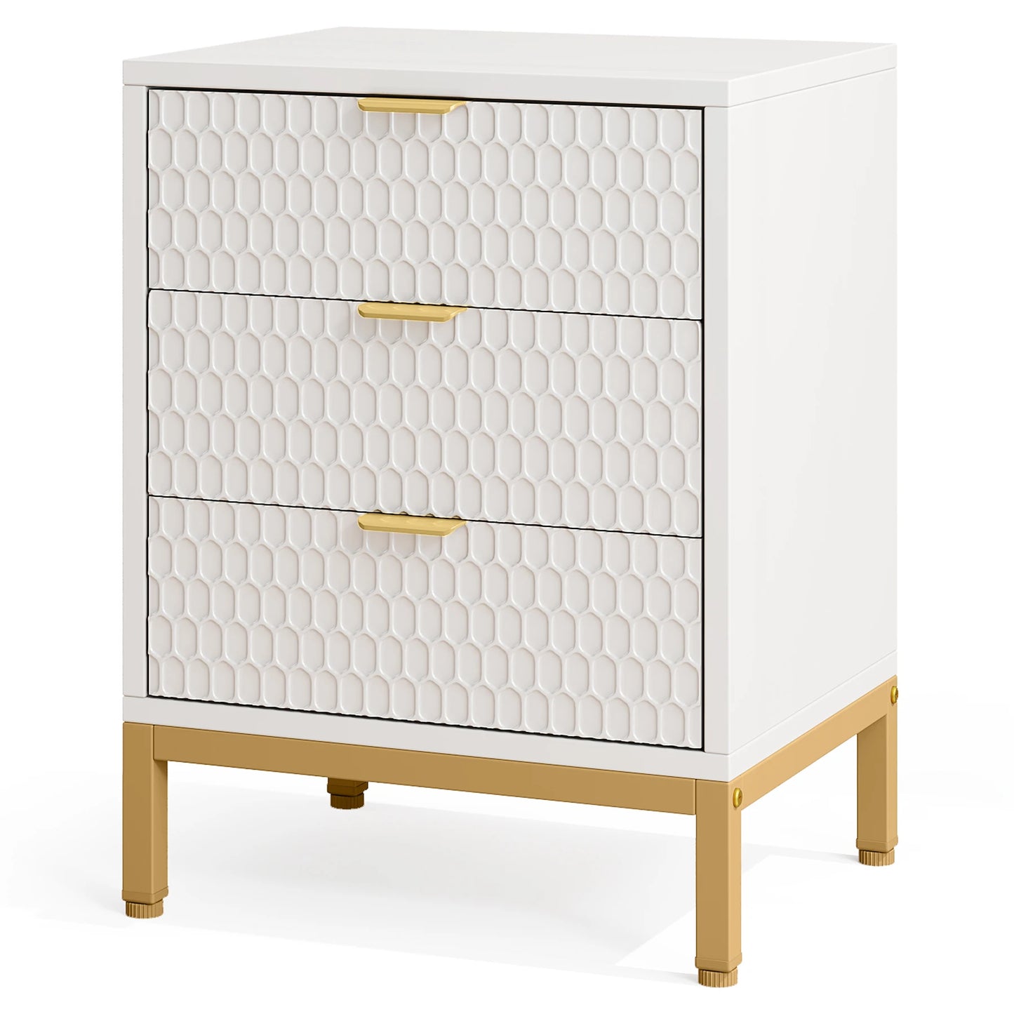 White dresser with gold accents on a white background