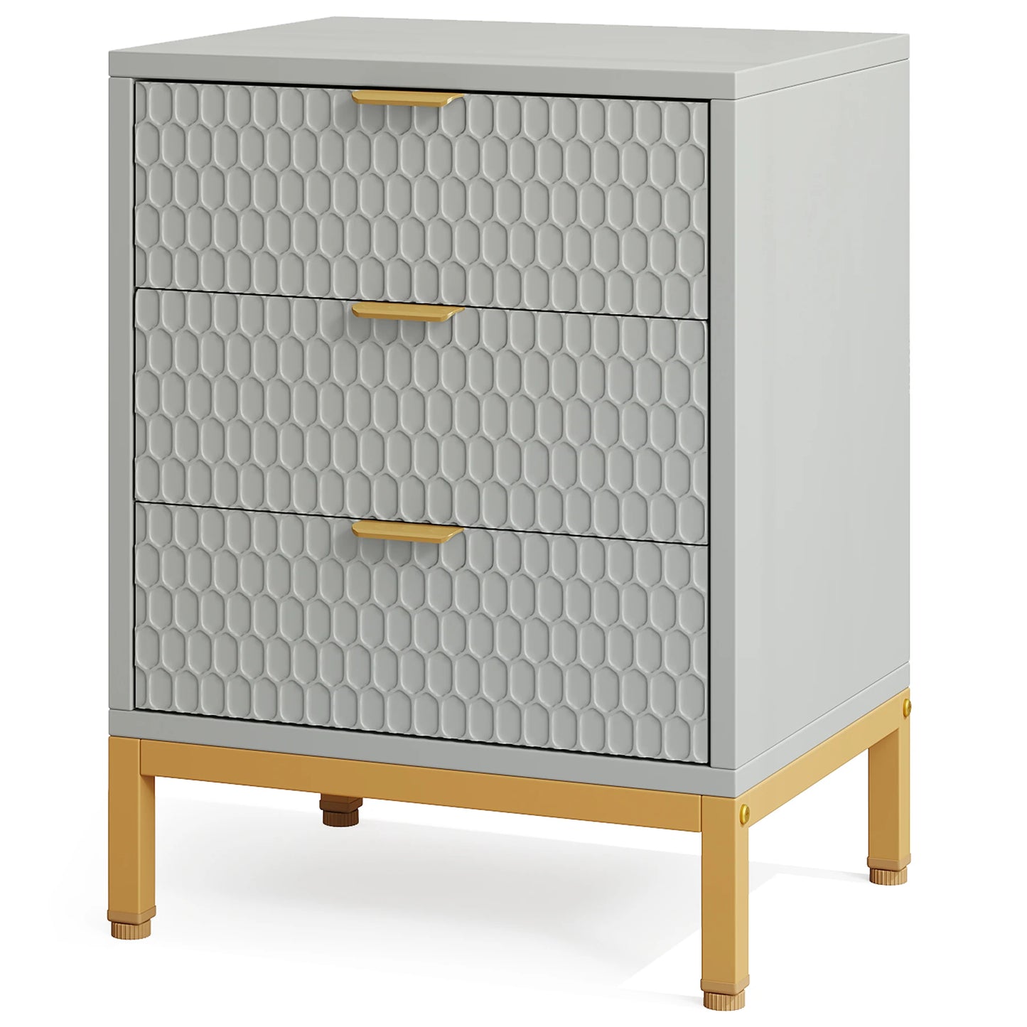 Gray textured dresser with gold accents on a white background