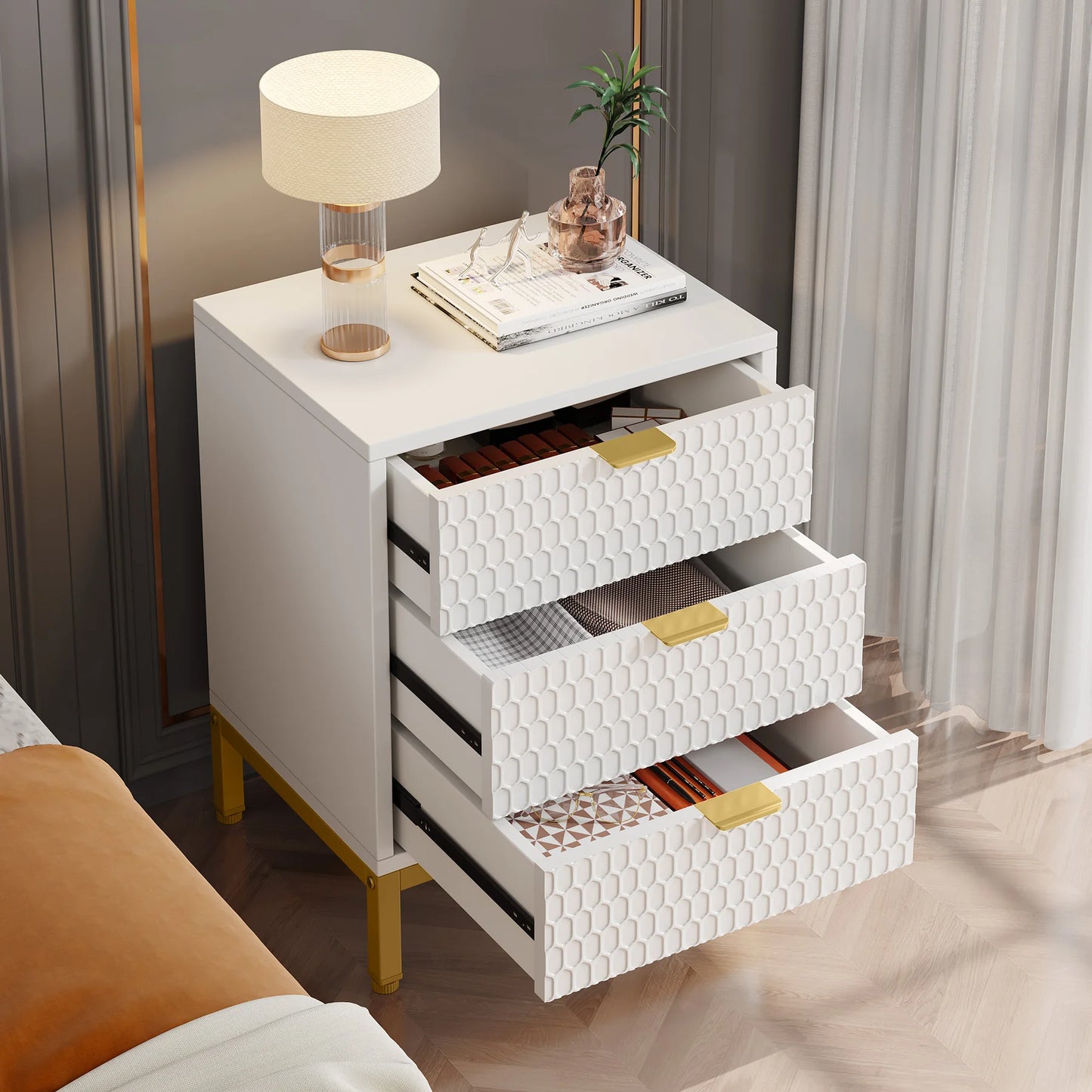 Diantha Modern White Textured Bedside Table