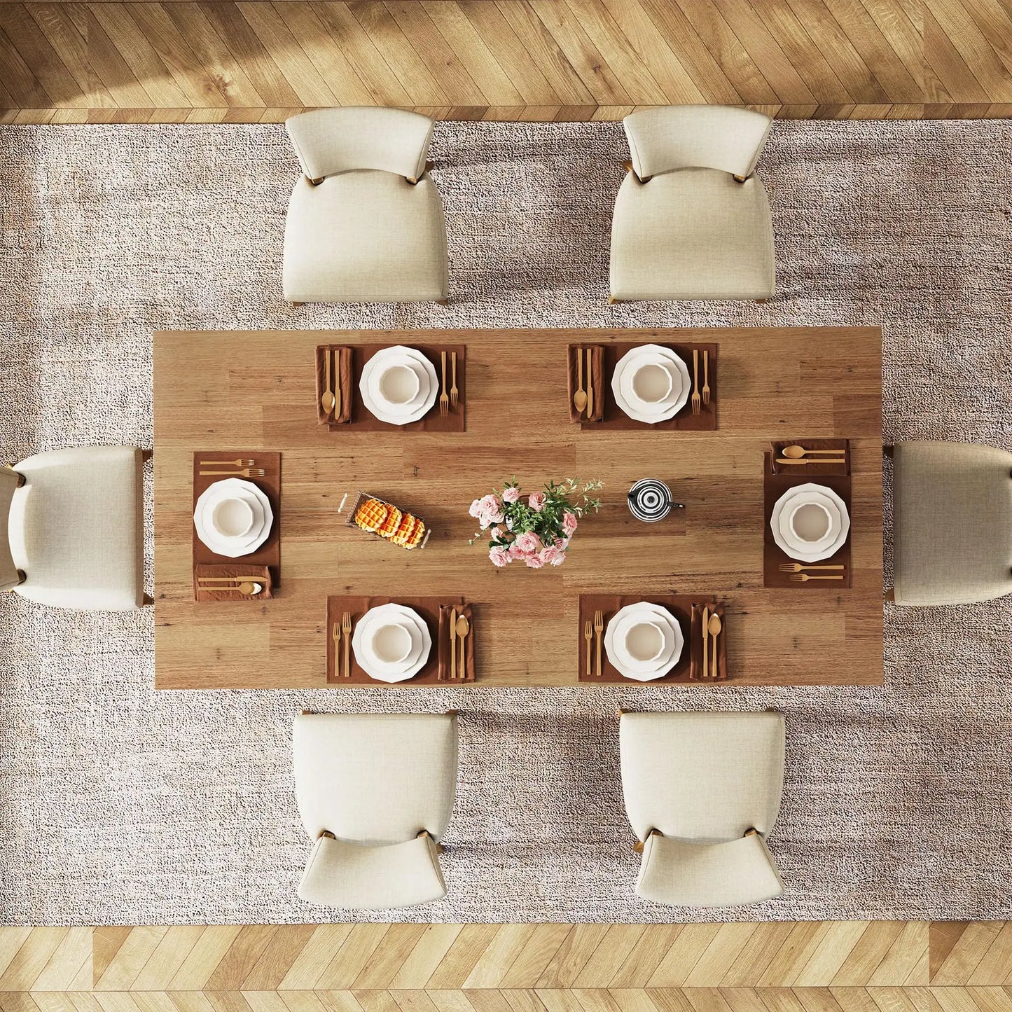 Farmena Dining table set with plates, cutlery, and a vase of flowers, surrounded by chairs on a wooden floor.