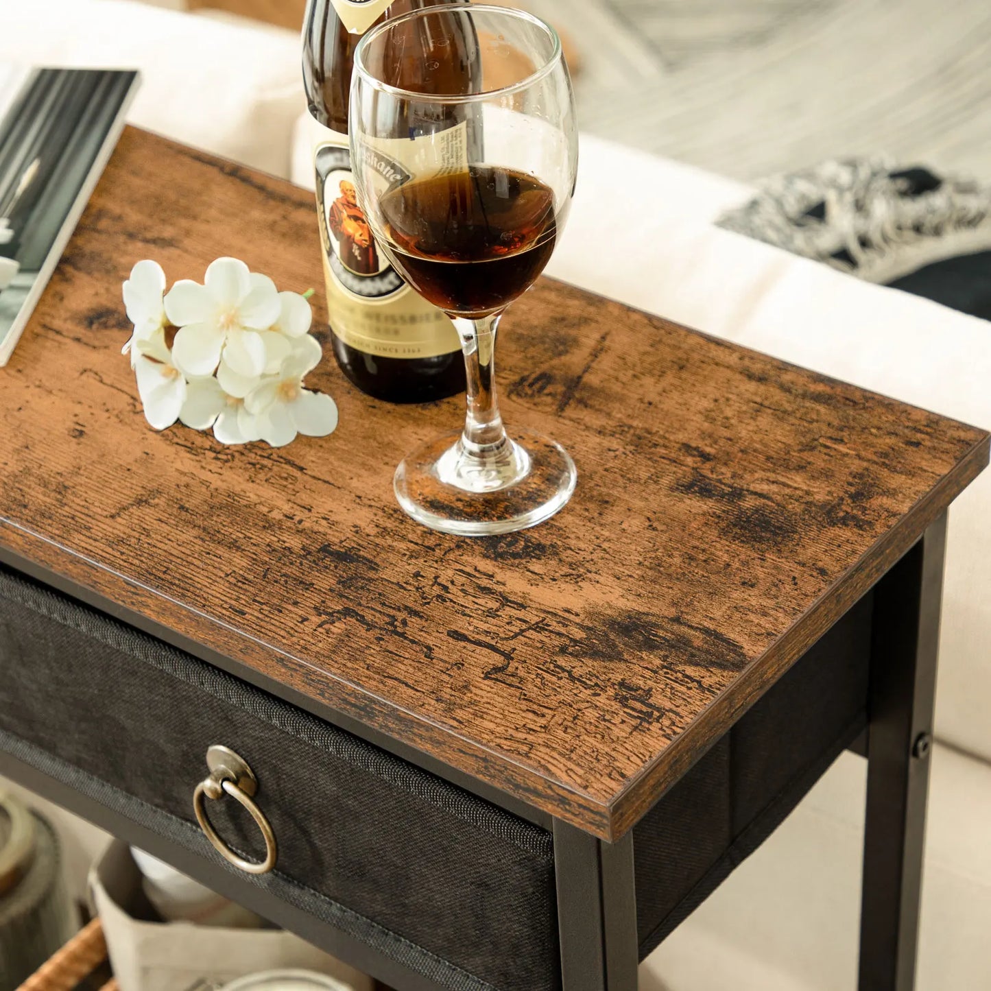 Hoobro Wooden side table with a glass of red wine, bottle, and decorative flowers on top. Canvas Drawers