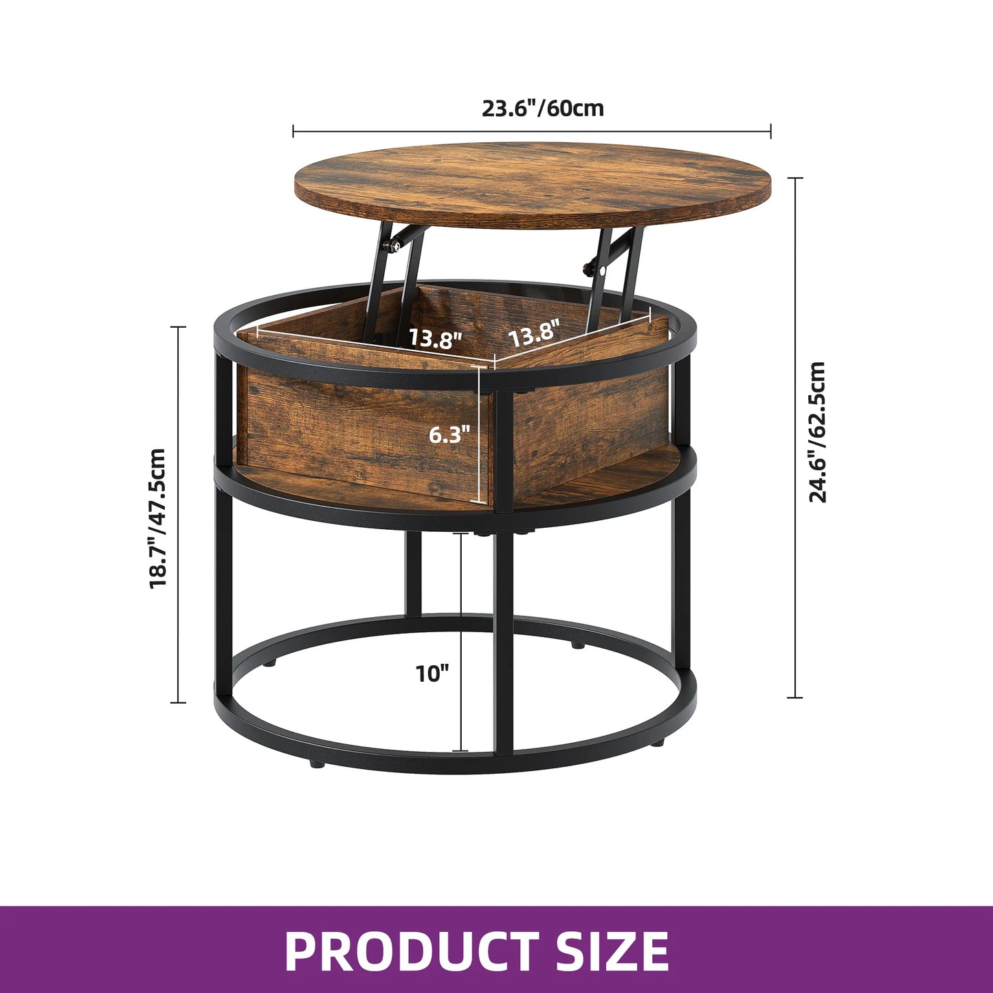 Wooden side table with black metal frame and dimensions on a white background
