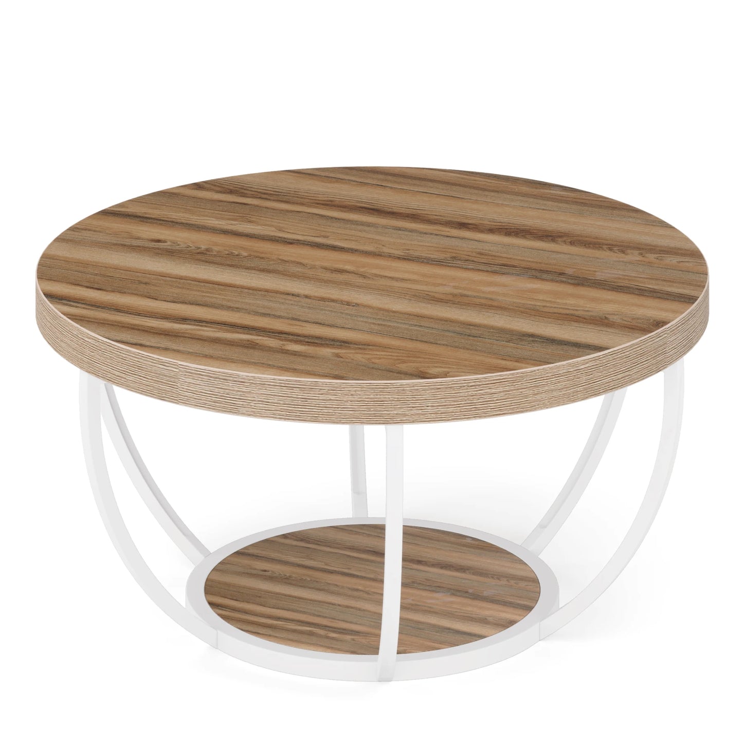 Riota Round wooden coffee table with white metal base on a white background