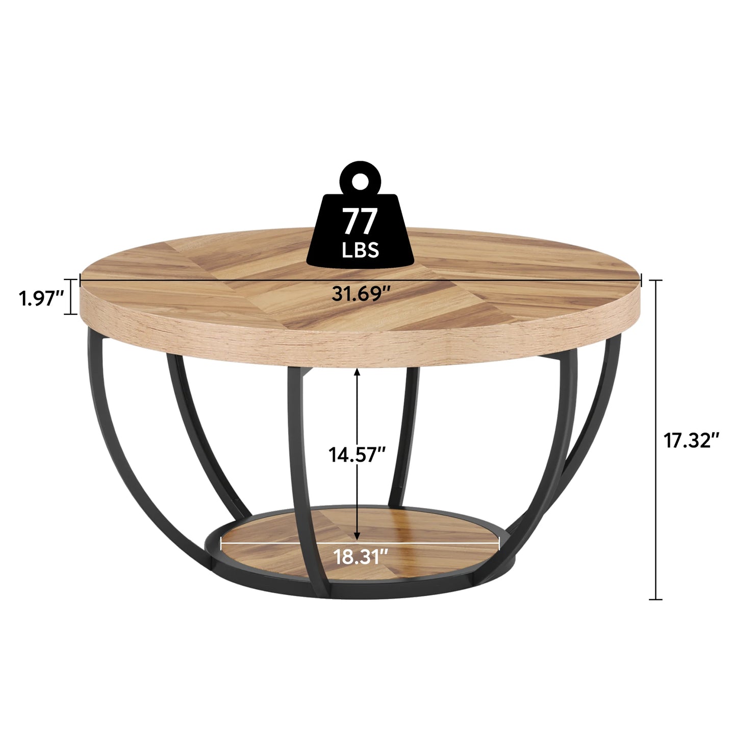 Riota Wooden coffee table with measurements and weight label on a white background