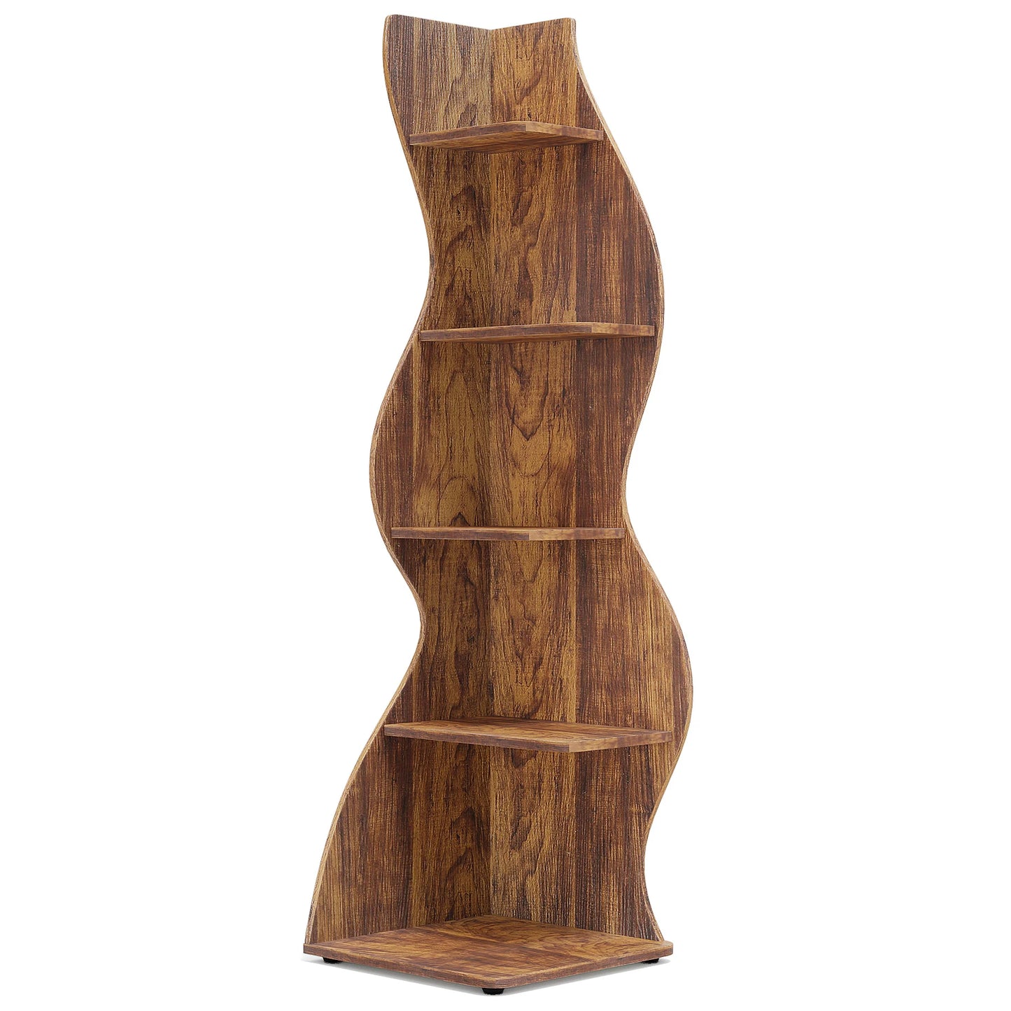 Wooden corner shelf with wavy design on a white background