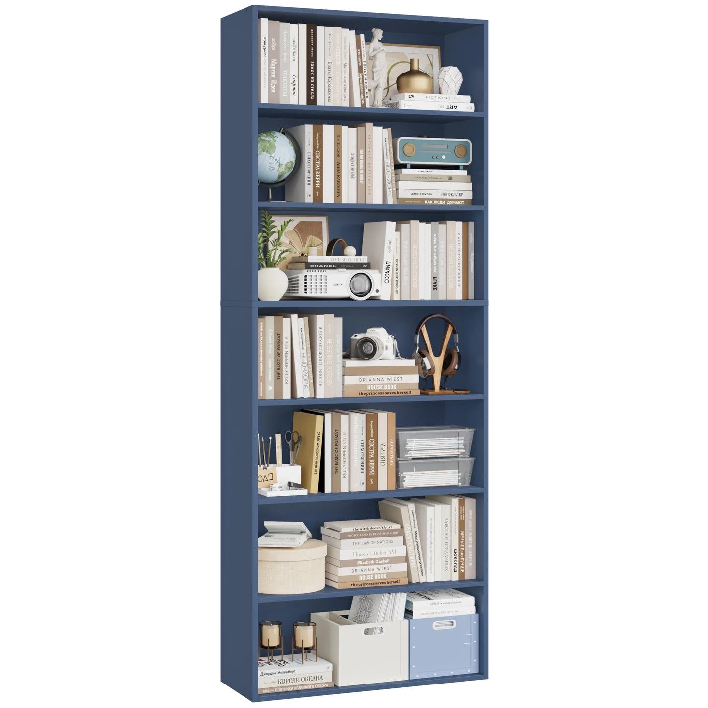 Blue bookshelf with books and decorative items on a white background