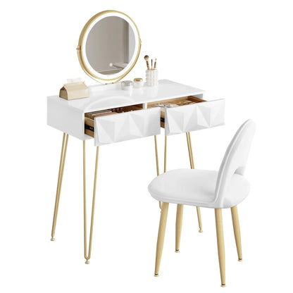 2 Draw White Elegant Vanity Makeup Table Set with LED Mirror 