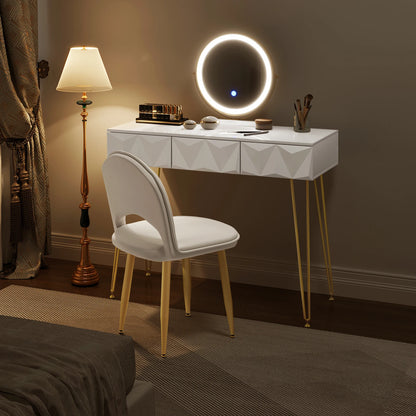3 Draw White Gold Elegant Vanity Makeup Table Set with LED Mirror 