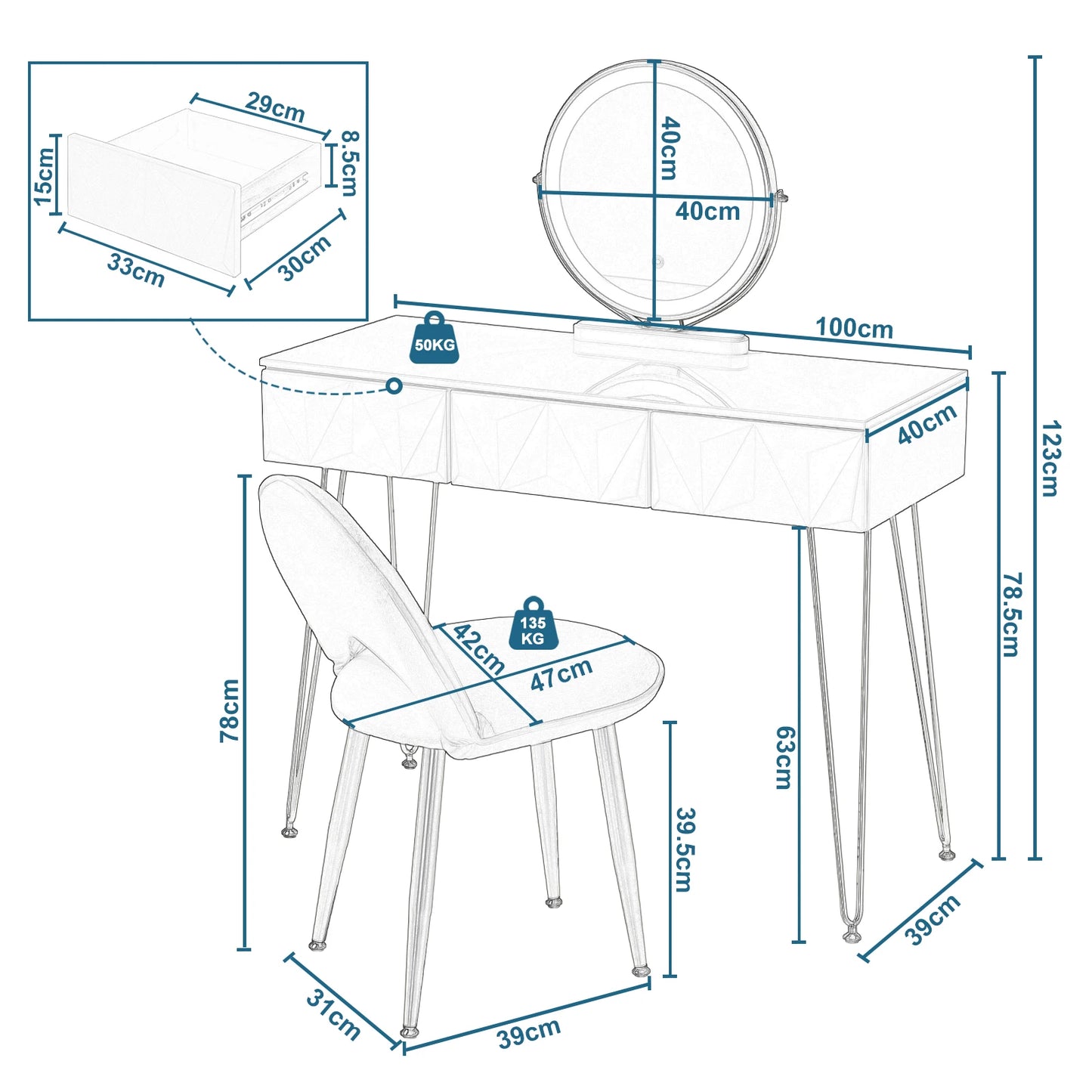 3 Draw White Gold Elegant Vanity Makeup Table Set with LED Mirror Dimensions