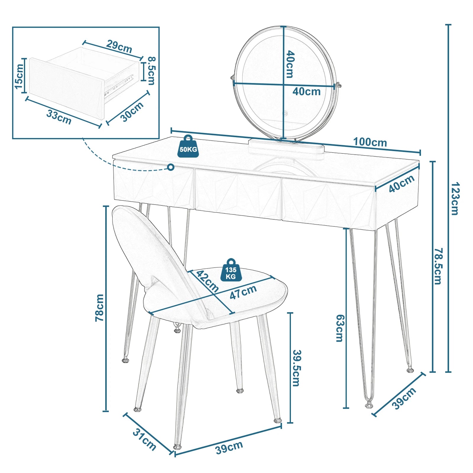 3 Draw White Gold Elegant Vanity Makeup Table Set with LED Mirror Dimensions