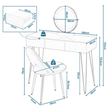 3 Draw White Gold Elegant Vanity Makeup Table Set with LED Mirror Dimensions