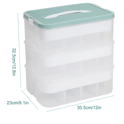 Stackable storage container with dimensions labeled on a white background