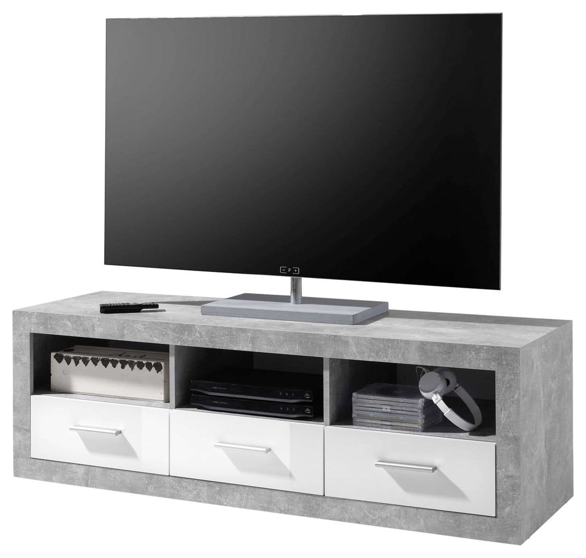 Gray concrete TV stand with a black flat-screen TV on a white background