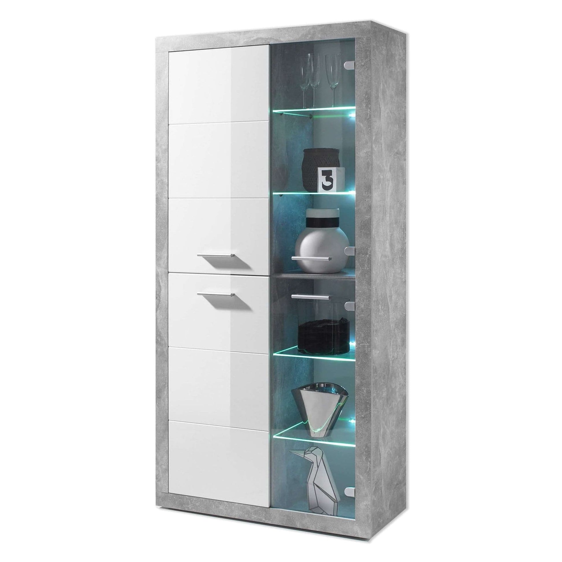 Tall display cabinet with glass doors featuring decorative items on a white background