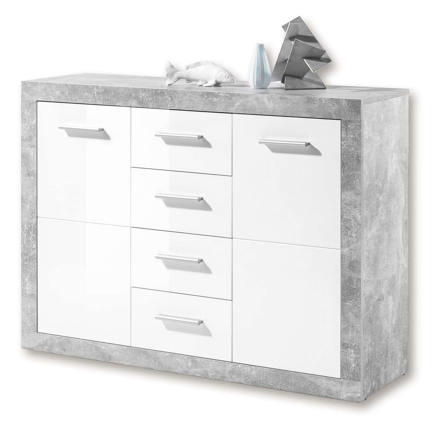 White dresser  sideboard 117cm grey and white with concrete-like frame on a white background