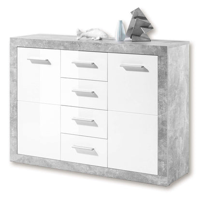 White dresser  sideboard 117cm grey and white with concrete-like frame on a white background
