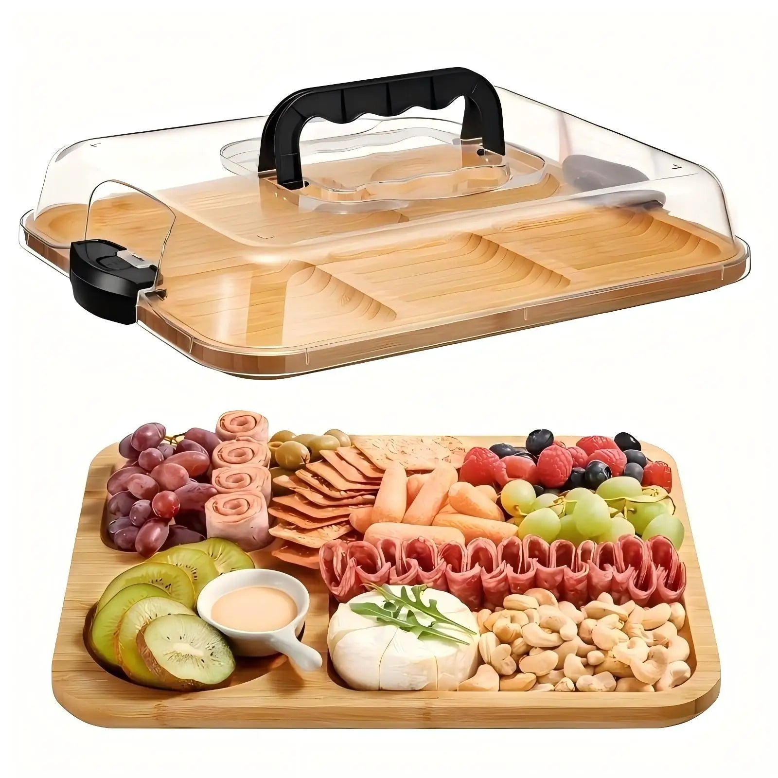 Bamboo charcuterie board with a clear lid and black handle, filled with assorted meats, cheeses, fruits, and crackers.