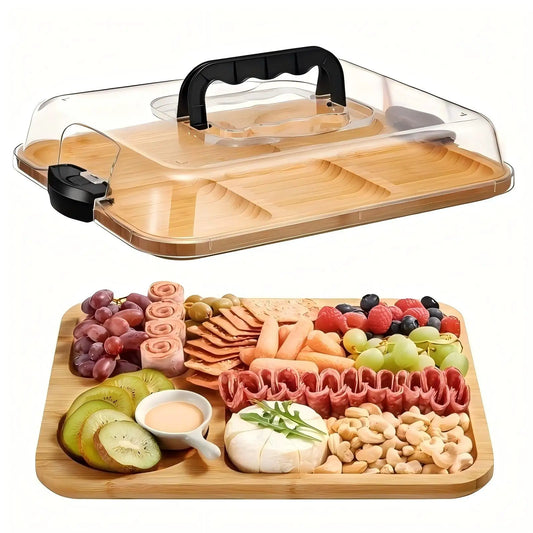Bamboo charcuterie board with a clear lid and black handle, filled with assorted meats, cheeses, fruits, and crackers.