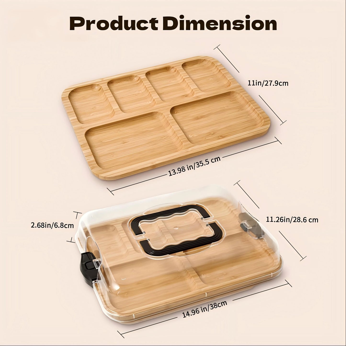 Wooden tray with compartments and a lid, showing dimensions on a beige background