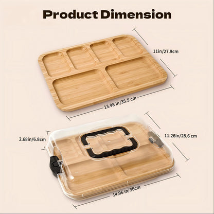 Wooden tray with compartments and a lid, showing dimensions on a beige background