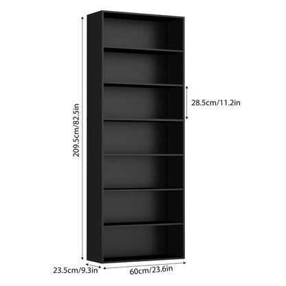Black bookshelf with dimensions indicated on a white background