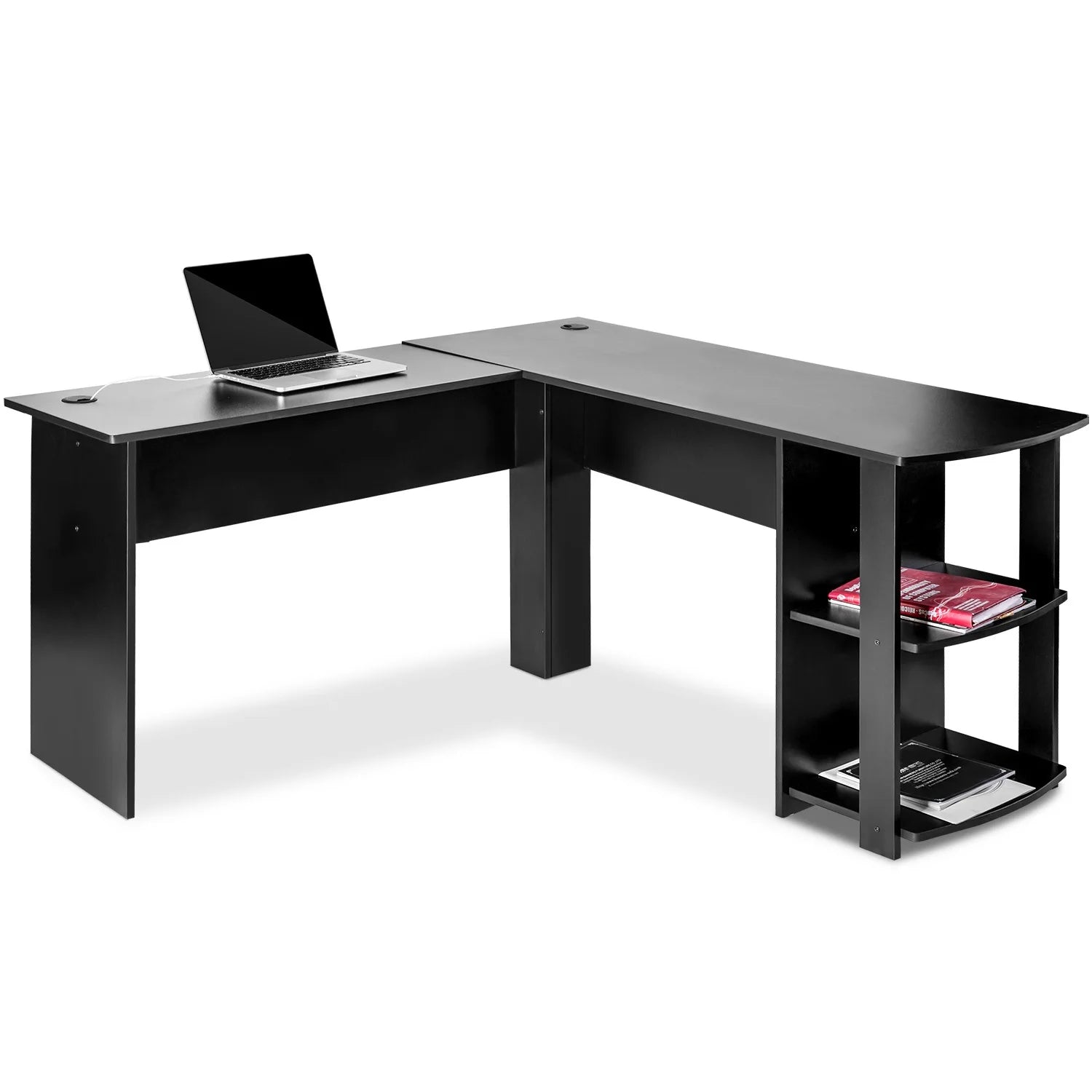 Black L-shaped desk with a laptop on a white background