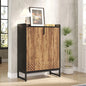 Wooden cabinet with black metal frame in a room with a plant and framed picture.