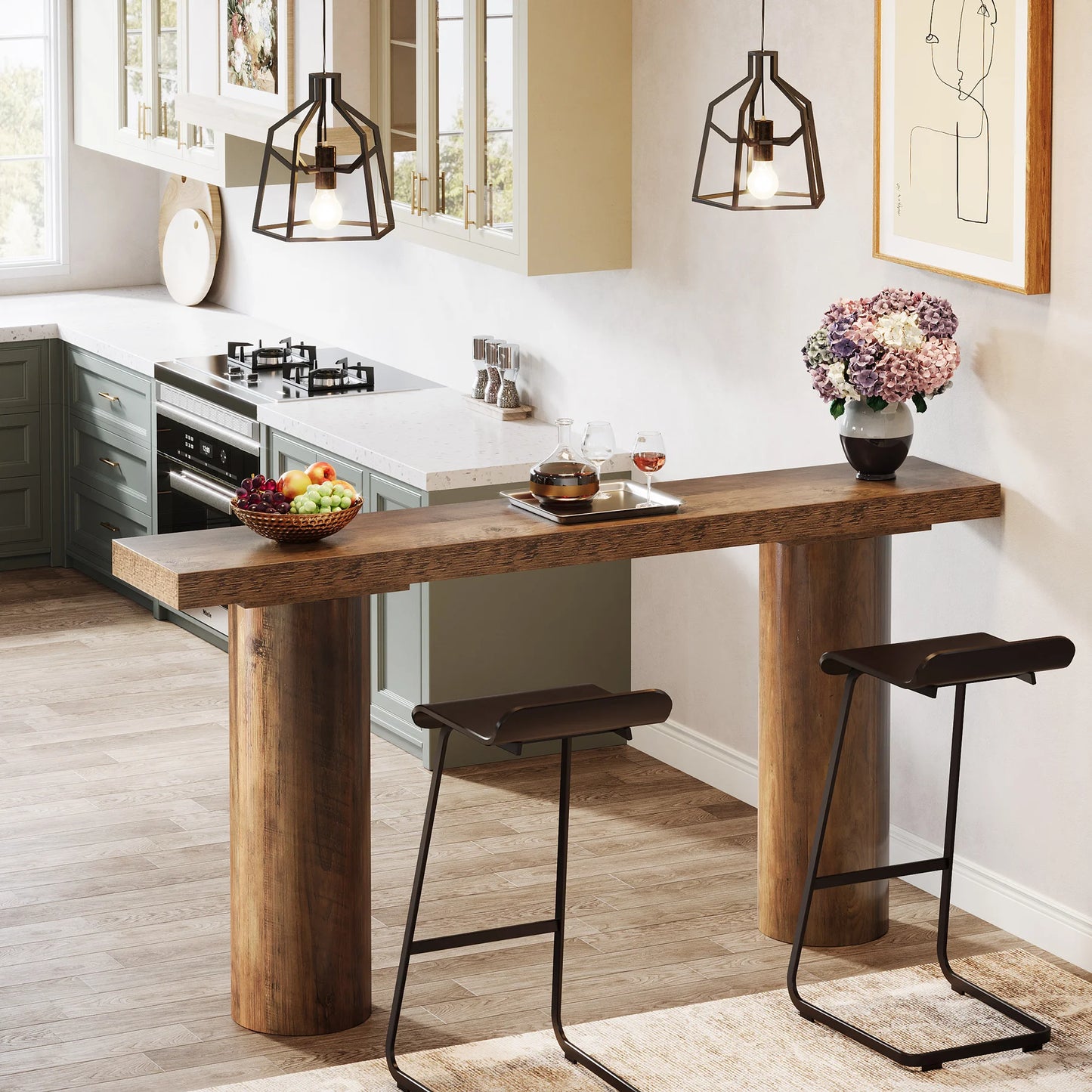Modern kitchen with wooden bar counter, stools, and decorative elements.