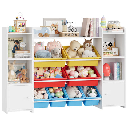 Children's toy storage unit with colorful bins filled with toys on a white background