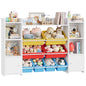 Children's toy storage unit with colorful bins filled with toys on a white background