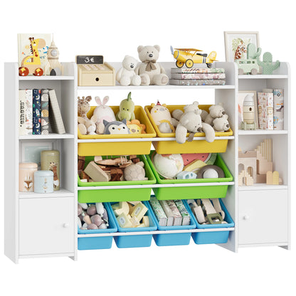 White bookshelf with toys and books on a white background