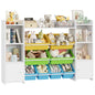 White bookshelf with toys and books on a white background