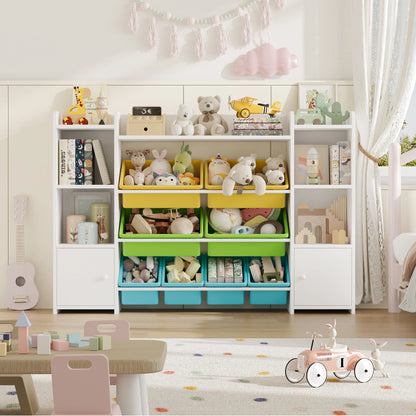 Children's playroom with shelves filled with toys and storage bins.