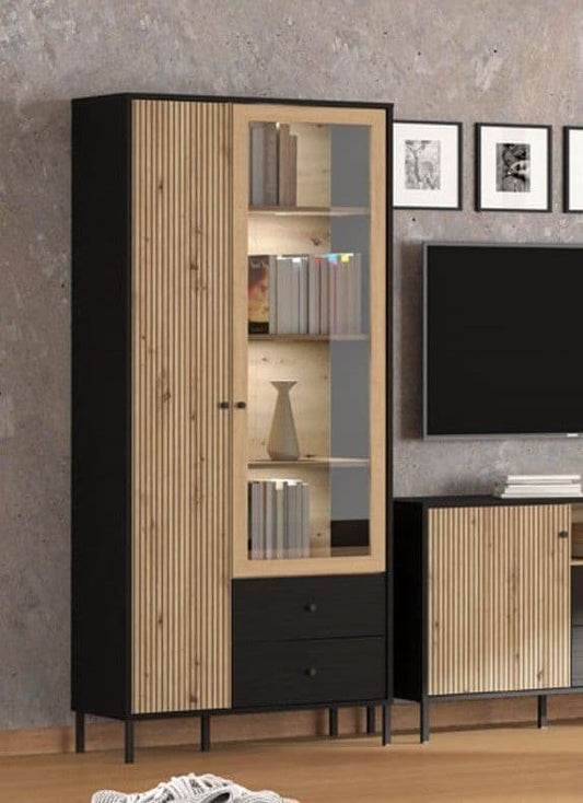 Cliff Slatted Artisan Oak Effect And Black 2 Door Display Cabinet