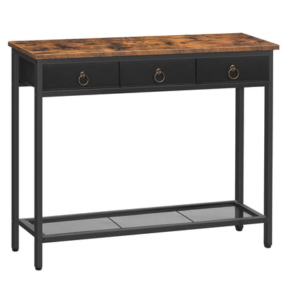 Console table with wooden top and black metal frame base on a white background