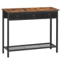 Console table with wooden top and black metal frame base on a white background