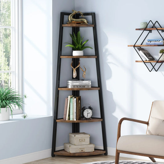 Tall black and wooden corner shelf with decorative items in a room with a chair and window.
