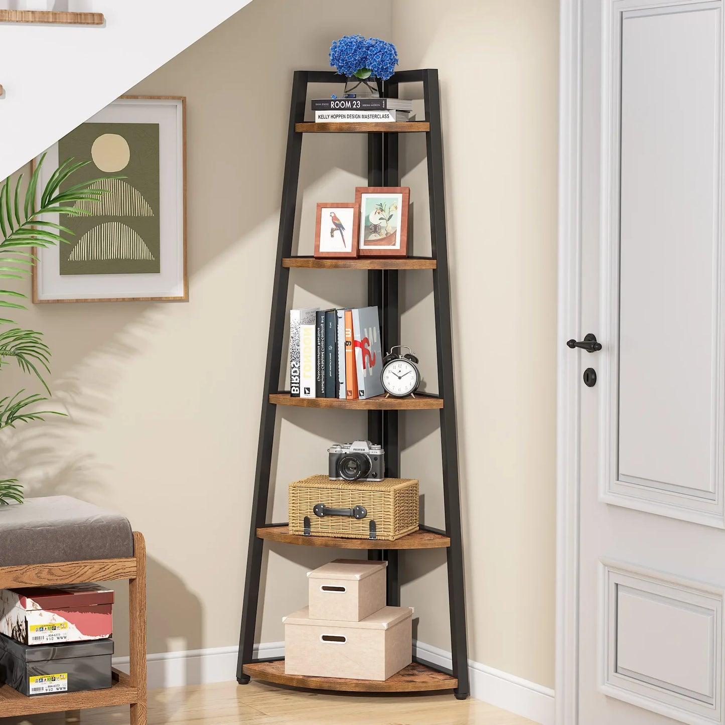 Tall wooden ladder shelf with decorative items in a room setting.