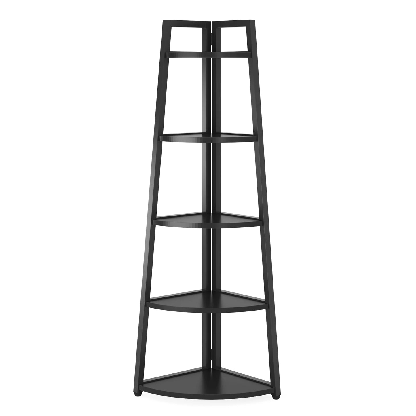 Black corner shelf with four shelves on a white background