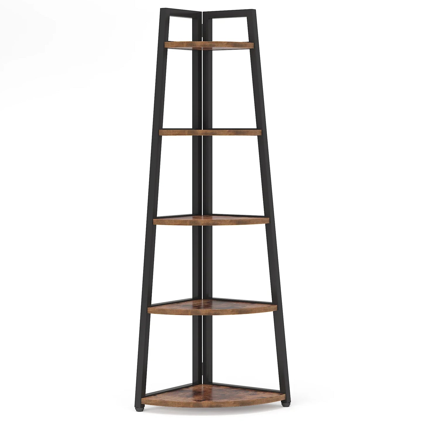 Corner shelf with black metal frame and wooden shelves on a white background