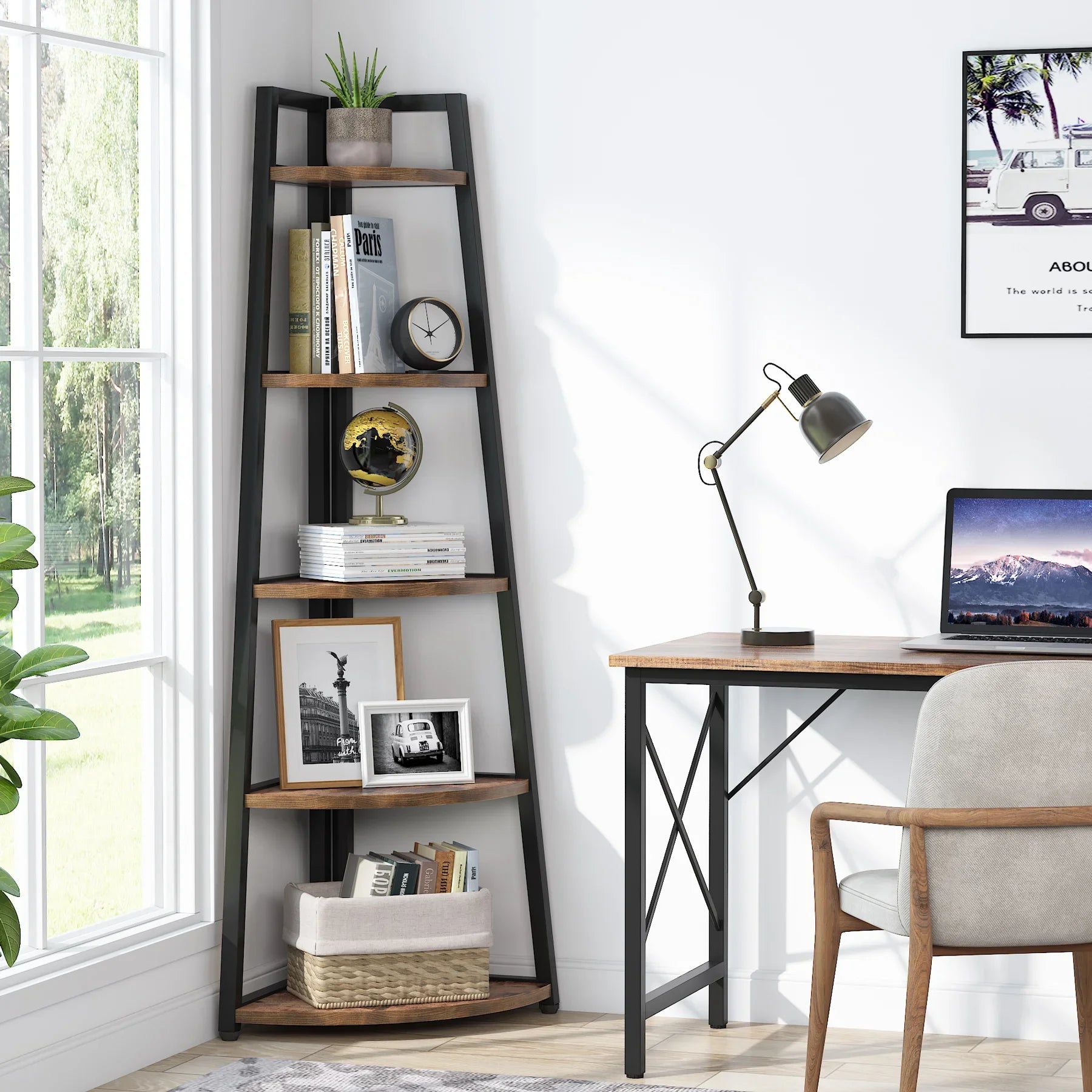 Home office setup with a ladder shelf, desk, chair, and decor items.