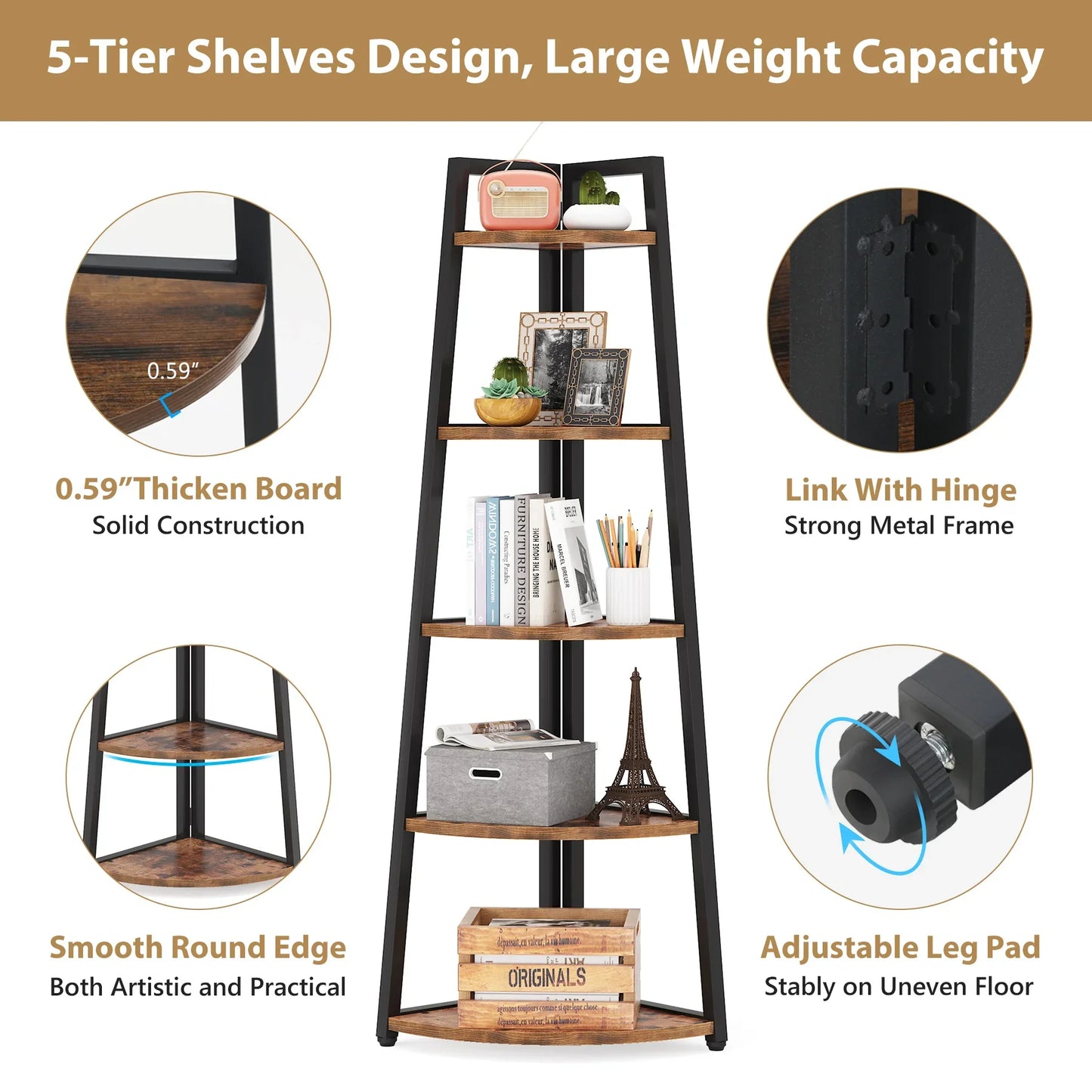 Corner shelf with five tiers, highlighting features like thickened board, hinge link, smooth edges, and adjustable leg pad.