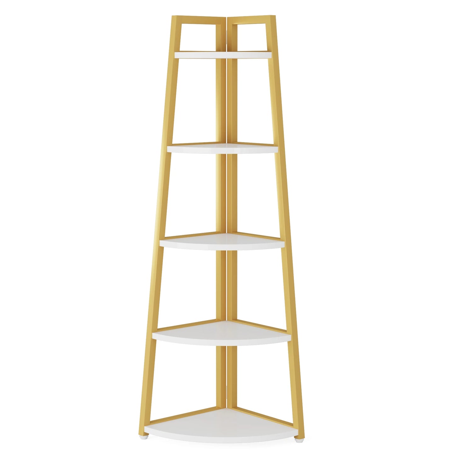 Corner shelf with wooden frame and white shelves on a white background