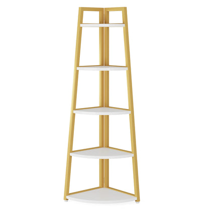 Corner shelf with wooden frame and white shelves on a white background