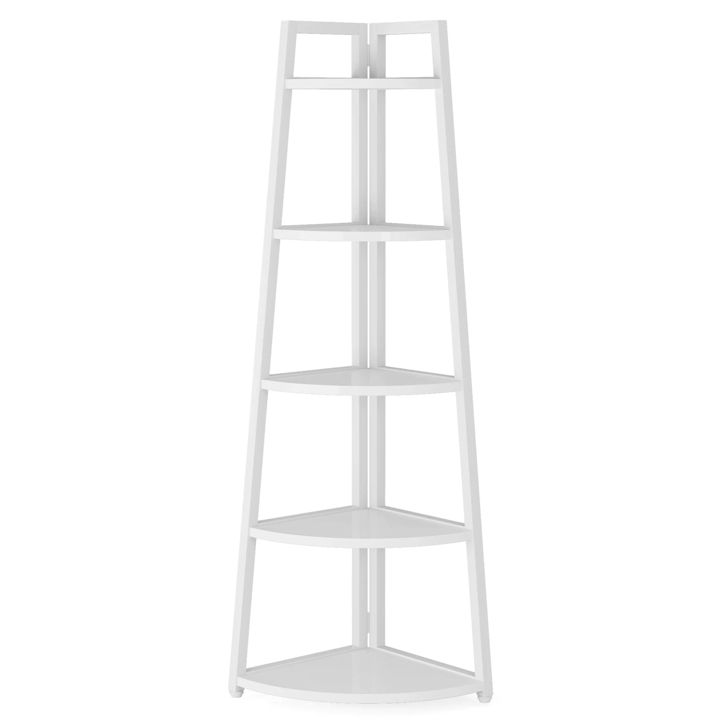 White corner shelf with five shelves on a white background