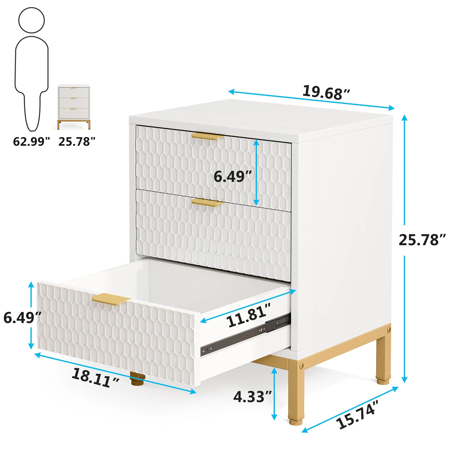 White nightstand with gold accents and dimensions labeled