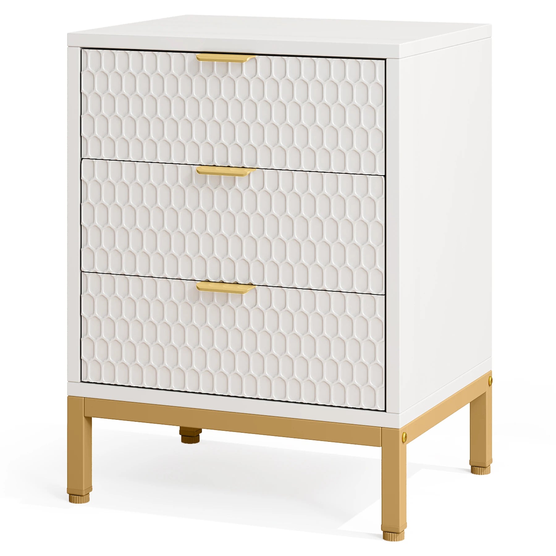 White dresser with gold accents on a white background